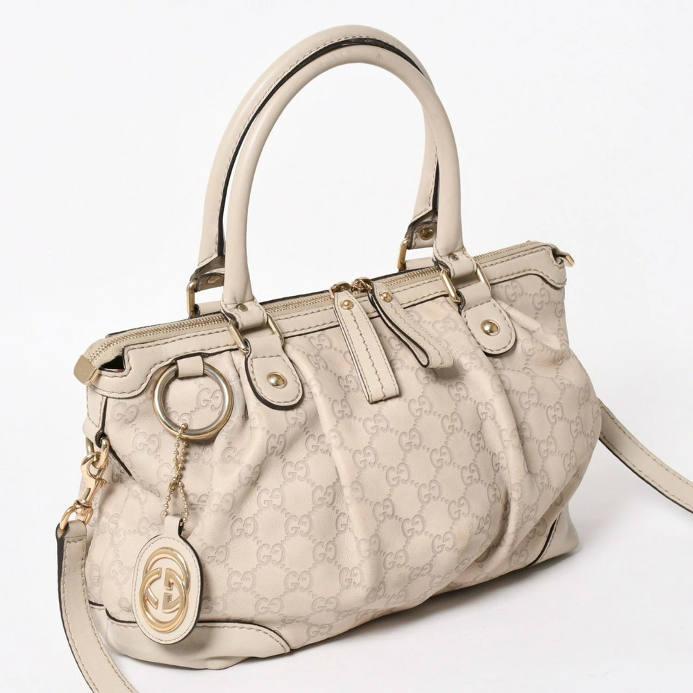 Gucci Tote Cream Ivory Beige Canvas GG Bag Sukey White White Tan